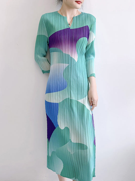 V-Neck Floral Print Pleated Long Sleeve Maxi Dress
