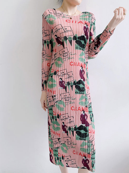 Long Sleeved Pleated Printed Dress