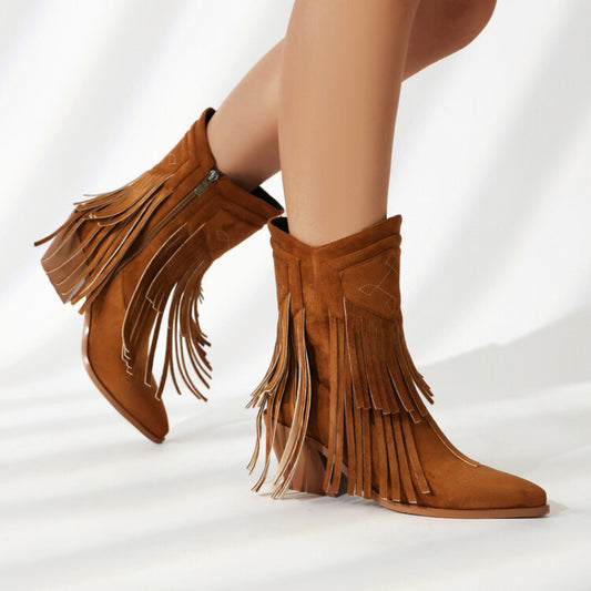 Embroidered Suede Ankle Tassel Accents and Contrast Colors Boots