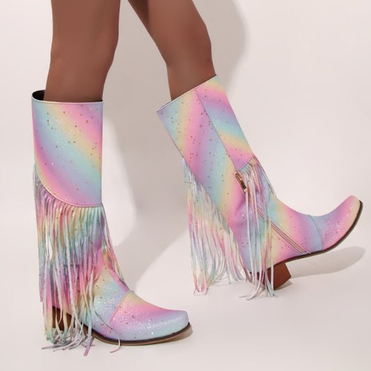 Fantasy Fringe Patchwork High-Top Chunky Heel Fashion Boots
