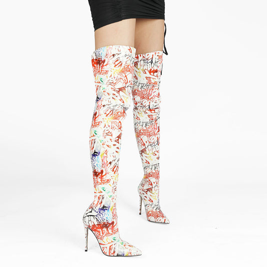 Colorful Glossy Zipper Over-the-Knee Boots