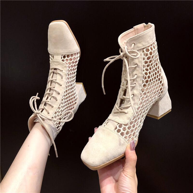 Suede Square Toe Cutout Strap Chunky Heel Calf Boots