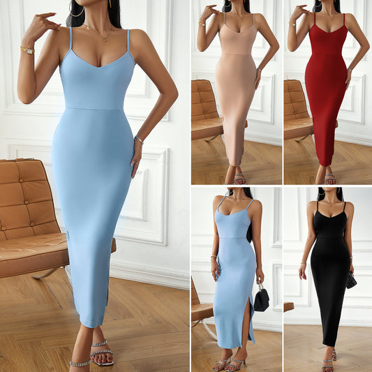 Sultry V-Neck Solid Color Bodycon Cami Dress