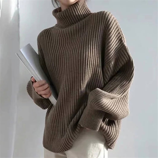 Slouchy Turtleneck Balloon Sleeve Ribbed Sweater