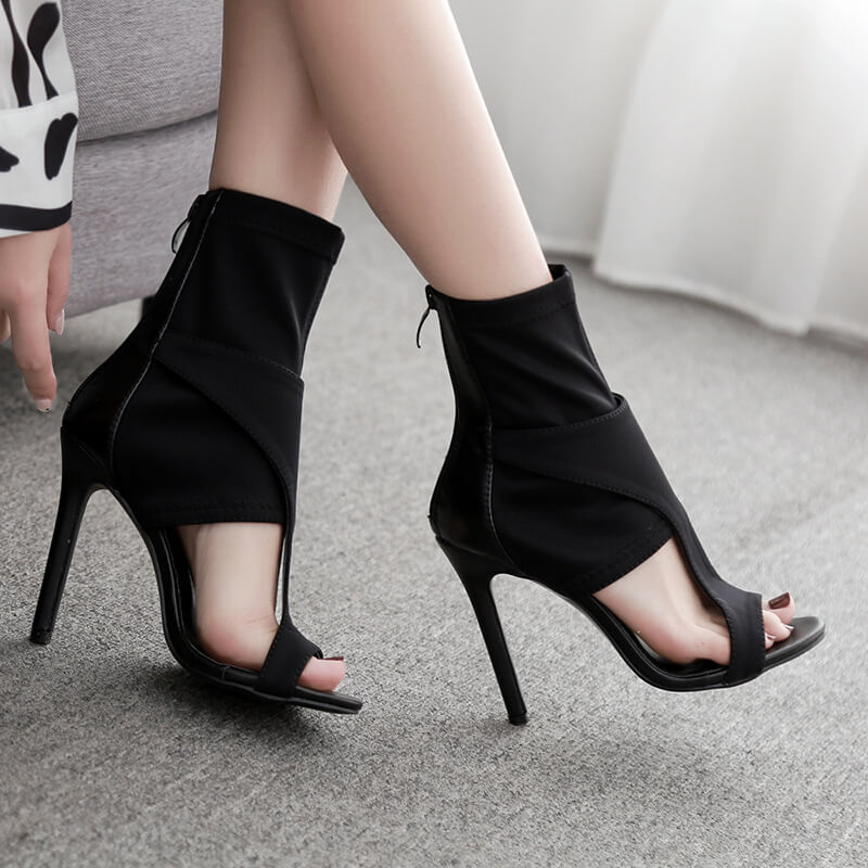 Black High Heel Open Toe Fabric Sandals