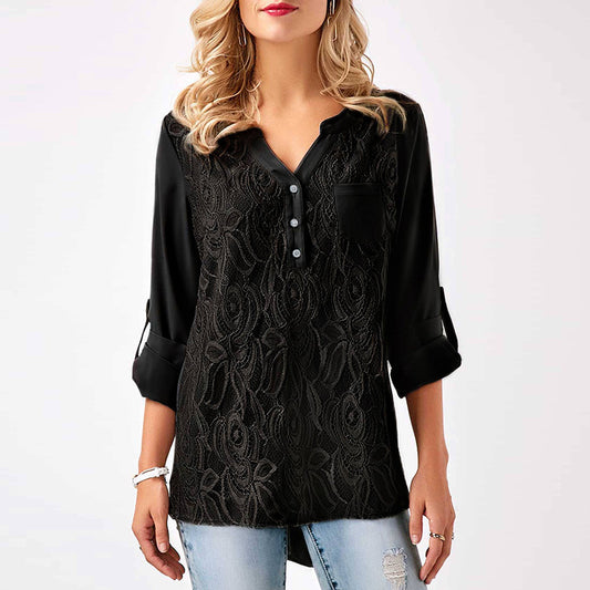 V-neck Buttons Long Sleeves Pocket Loose Lace Blouse