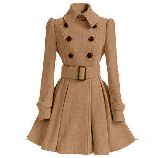 Flared Hem Turn-down Collar Slim Double Button Wool Coat With Belt on