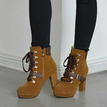 Platform Lace Up Suede Chunky Heel Ankle Boots 