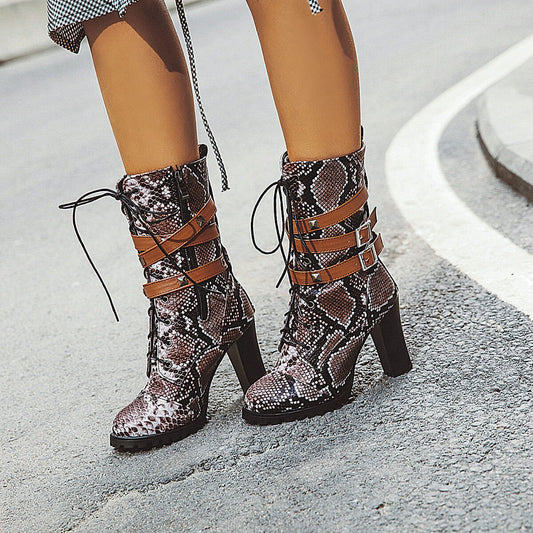 Snakeskin Leather Lace Up High Chunky Heel Boots