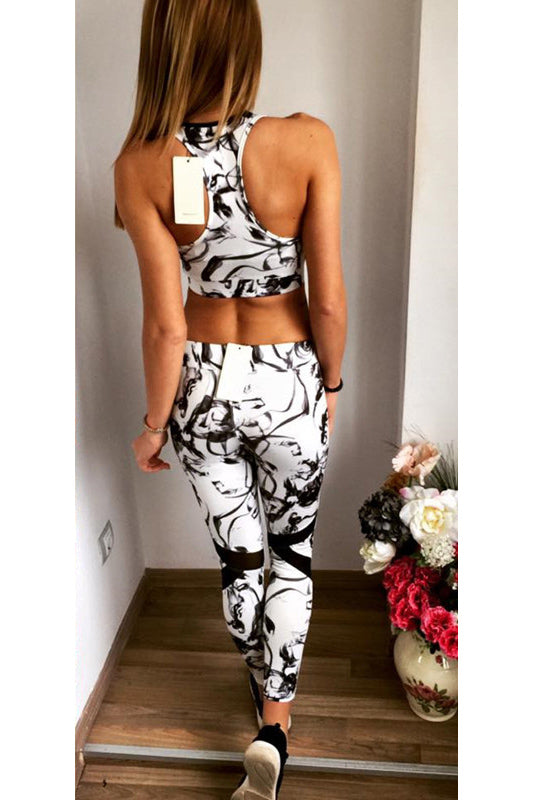 Print Backless Sports Tank Top with Skinny Pants Two Pieces Set
