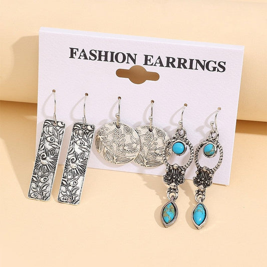 Retro Carved Turquoise Drop Earrings Set