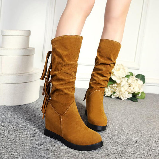 Wedge Flat Suede Fringe Mid Calf Boots