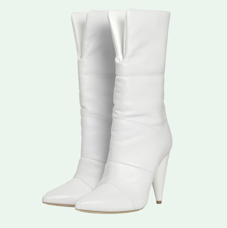 Winter White Leather Pointed Toe Mid Heel Calf Boots