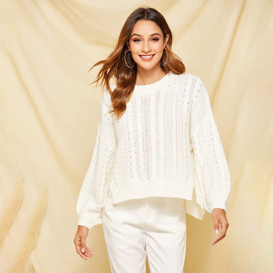 White Hollow Balloon Sleeve Pullover Sweater