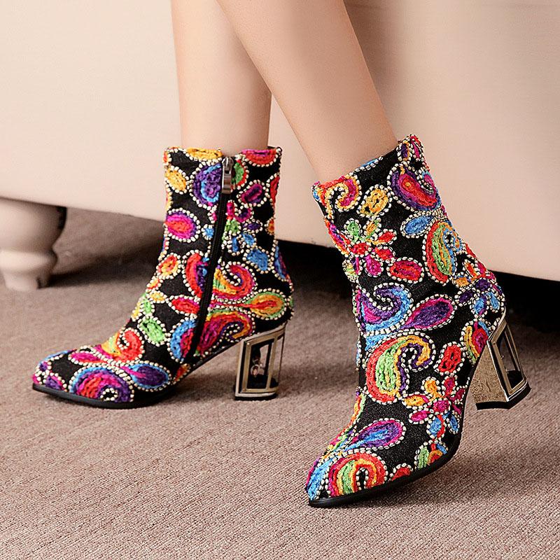 Fashion Microfiber Color Block Chunky Heel Ankle Boots