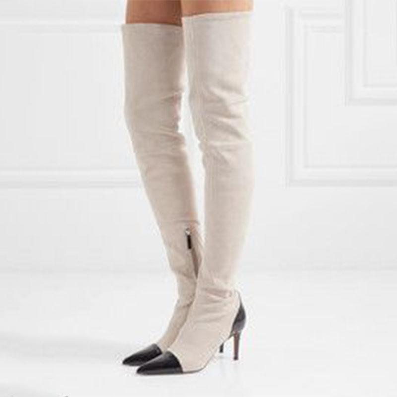 Sexy White Colorblock Pointed Toe High Heel Thigh High Boots
