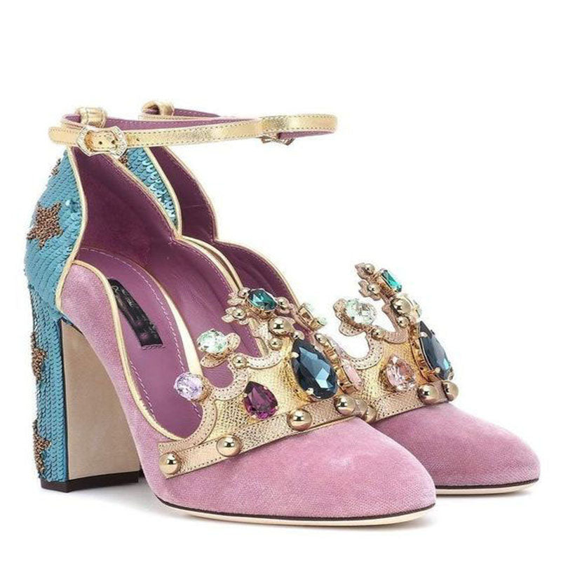 Fashion Pink Suede Rhinestone Pointed Toe Chunky Heel Pumps