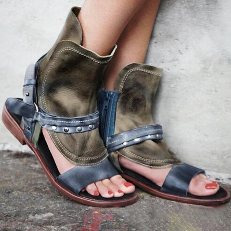 Retro Patchwork Open Toe Cut Out Ankle Boot Flat Beach Sandals