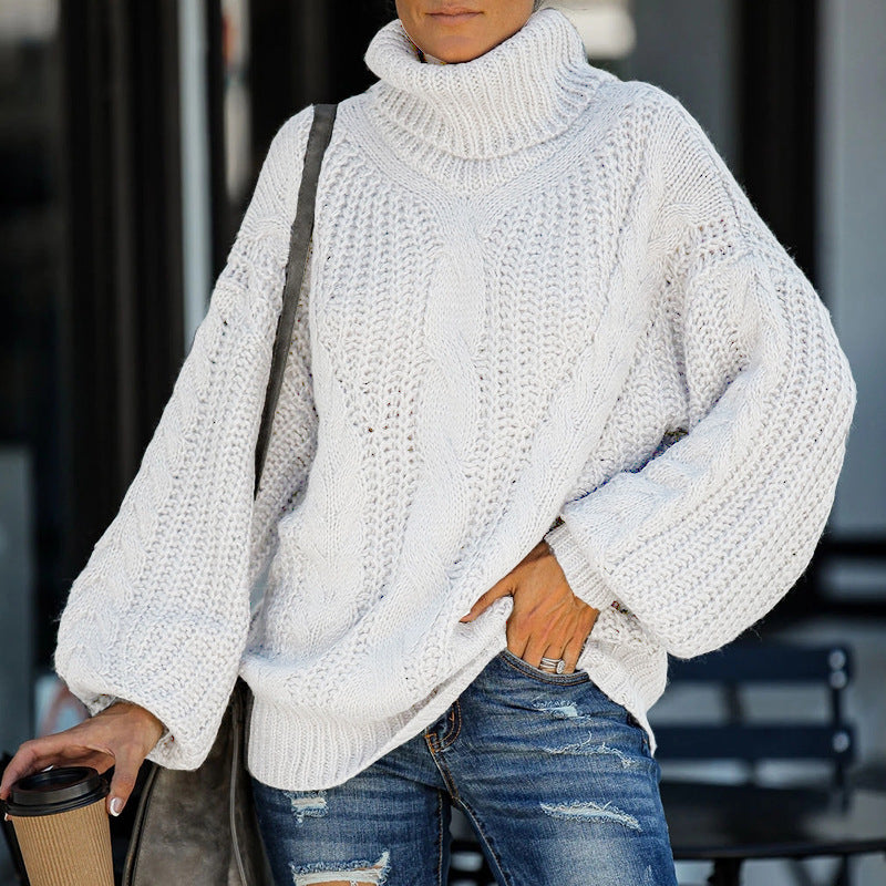Turtleneck Balloon Sleeve Cable Knitted Sweater