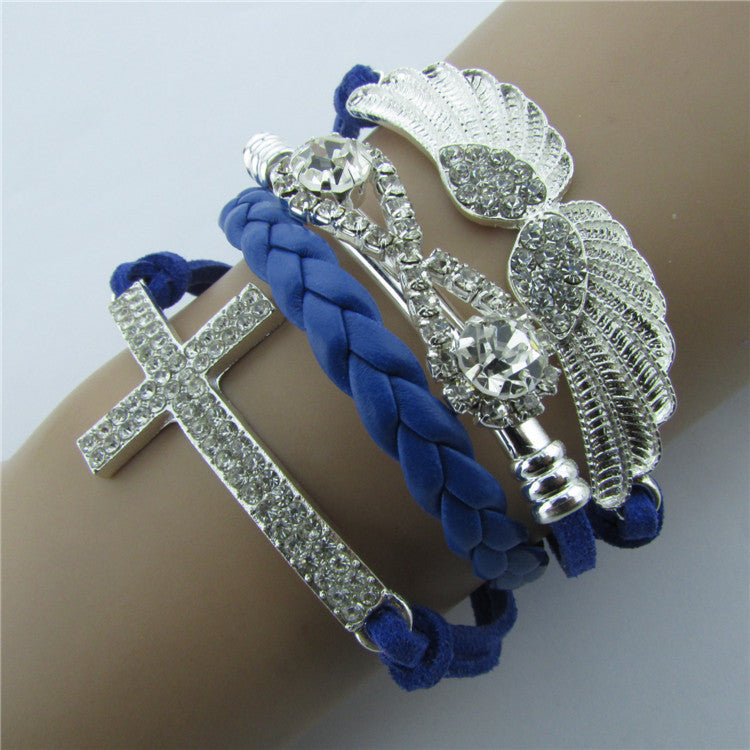 Retro Crystal Angel Wings Cross Leather Cord Bracelet