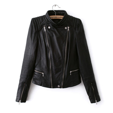 Double Zipper Stand Collar PU Crop Slim Jacket - Meet Yours Fashion - 1