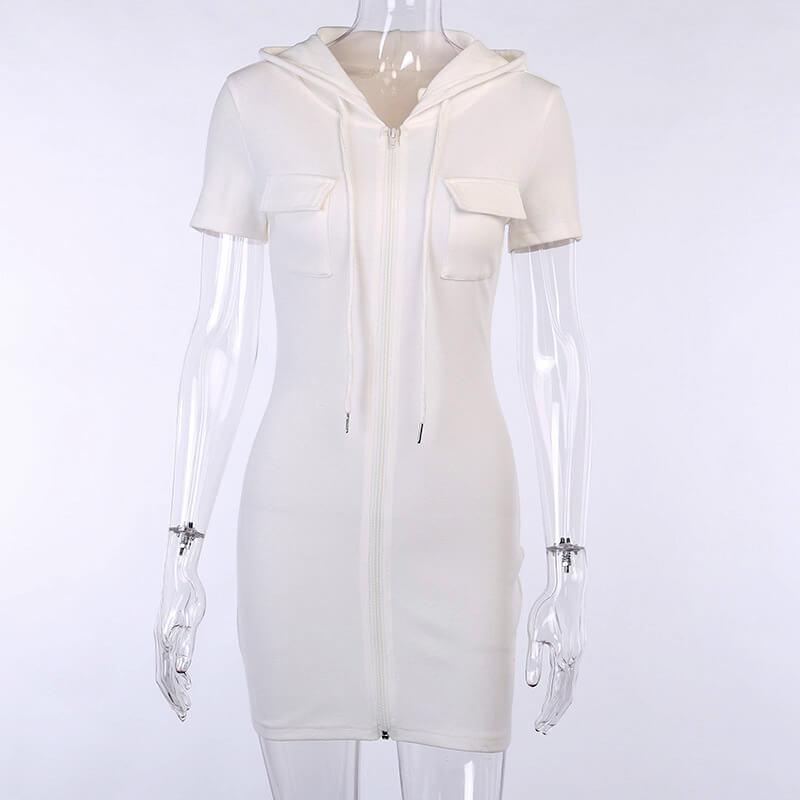 White Hooded Zipper Bodycon Dress