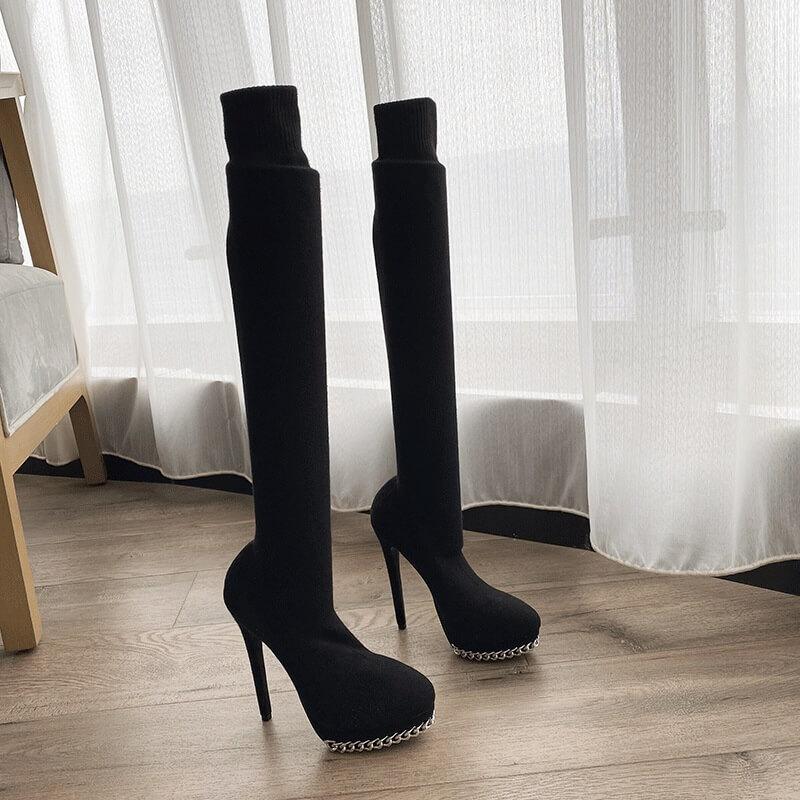 Black Plain High Heel Wool Chain Sock Over Knee Boots