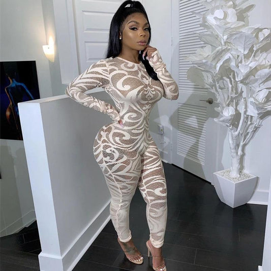 Clearance White Long Sleeves Bodycon Sheer Print Jumpsuits