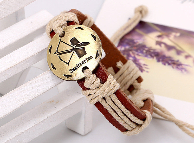 12 Constellation Woven Brown Leather Bracelet
