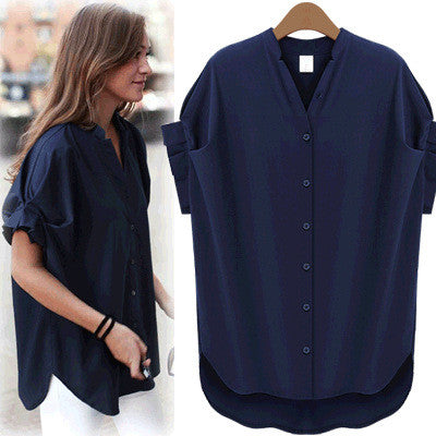 Little Stand V-neck Pure Color Short Sleeves Sexy Blouse - Meet Yours Fashion - 3