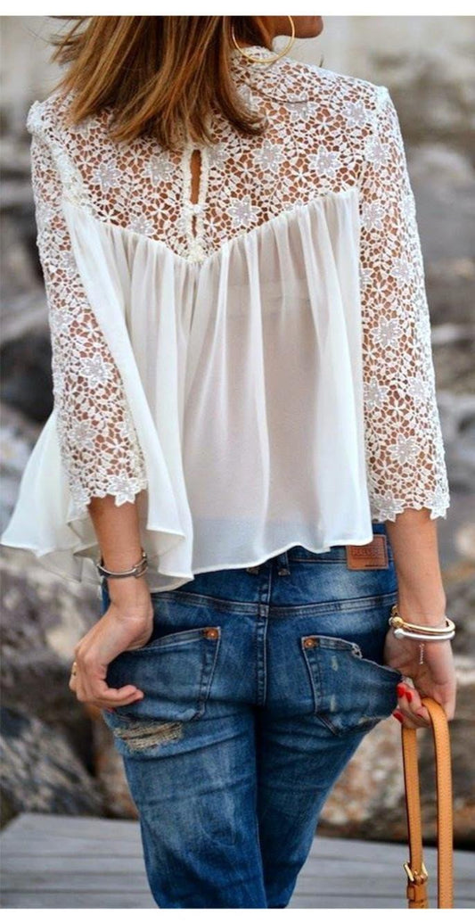 Lace Chiffon Patchwork Long Sleeves Loose Transparent Blouse