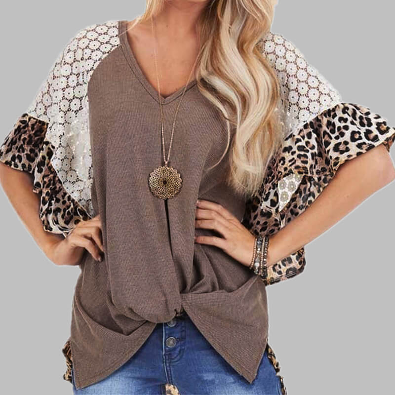 Casual Leopard Lace Patchwork Wide Sleeve T-shirts