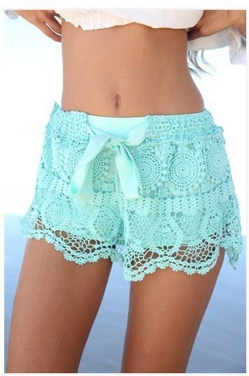 Bowknots Lace Irregular High Waist Beach Hot Shorts