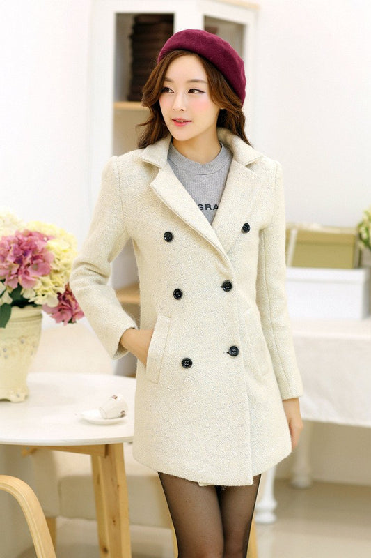 Turn Down Collar Double Breasted Long Woolen Coat