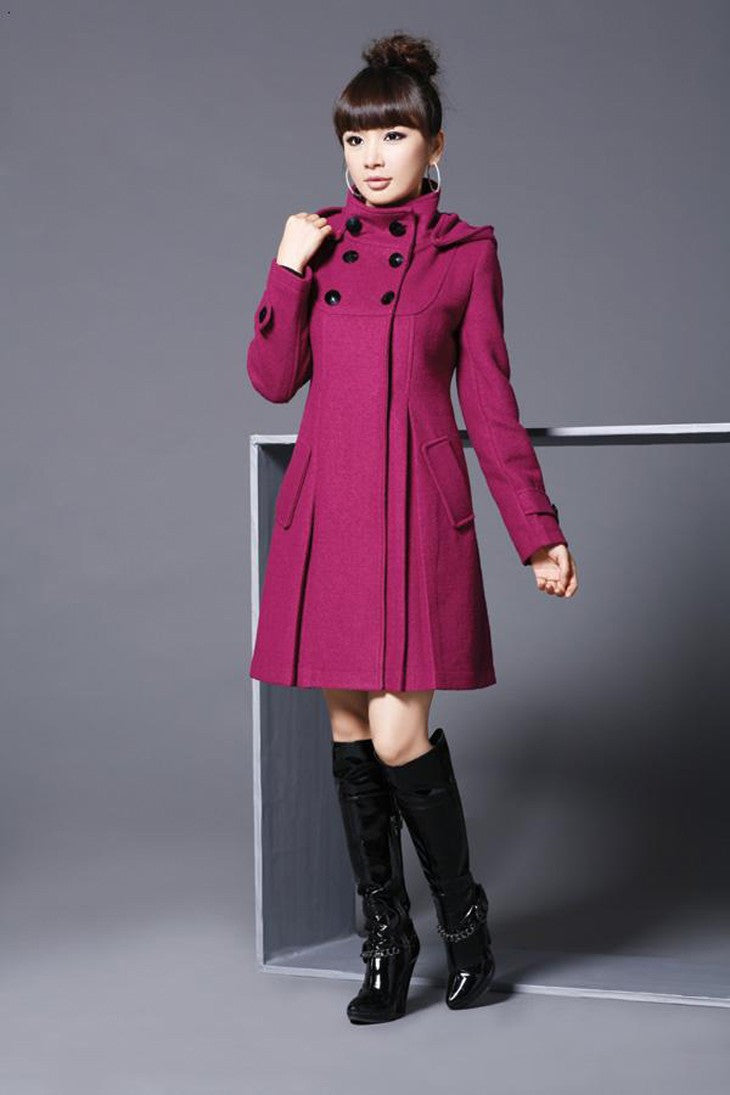 Hooded High Neck Button Slim Long Sleeves Mid-length Coat - Meet Yours Fashion - 7