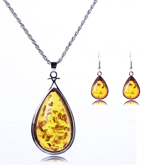 Drop Imitation Amber Necklace Earrings Jewelry Set