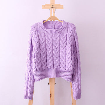 Scoop Solid Cable Ribbed Knit Short Sweater 