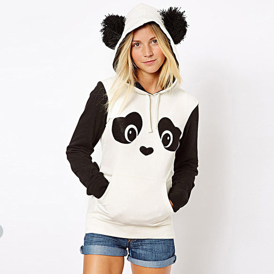 Panda Print Contrast Color Hooded Cute Sweatshirt