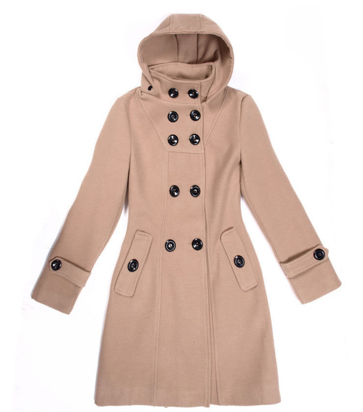 Double Button Hooded Long Sleeves Mid-length Wool Thick Coat