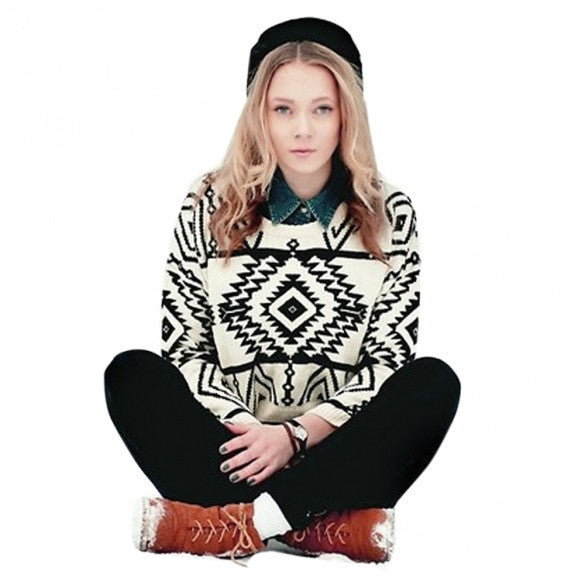 Women Loose Geometry Printed Pullover Sweater - MeetYoursFashion - 4