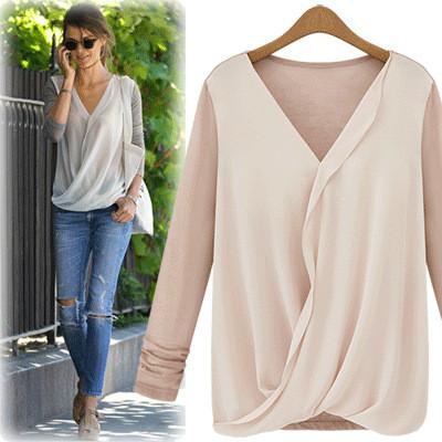 Chiffon Patchwork Ruches V-neck Long Sleeves Fashion Blouse - Meet Yours Fashion - 3
