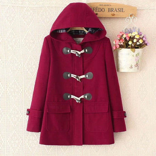 Horn Button Long Sleeves Hooded Thick Fashion Coat