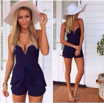 Sexy V-neck Ruffles Strapless Backless Sleeveless Short Jumpsuits - Meet Yours Fashion - 1