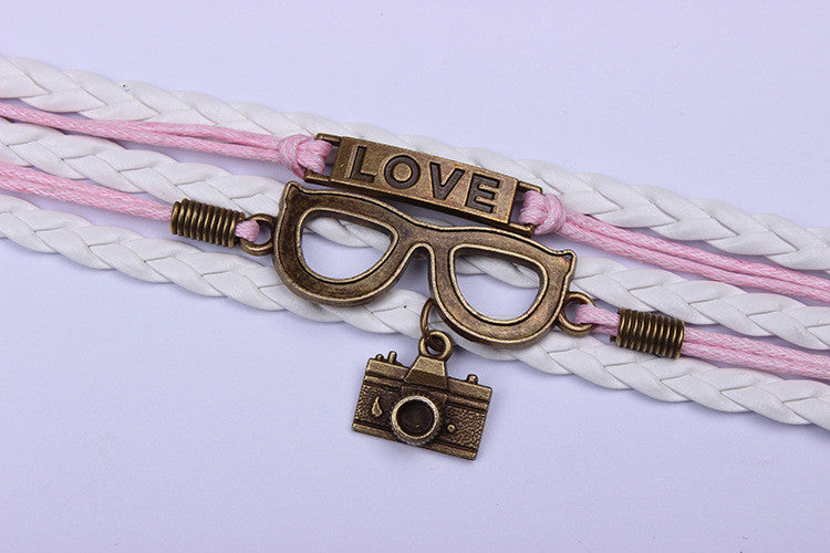 Cute Camera Glasses Leather Cord Woven Bracelet