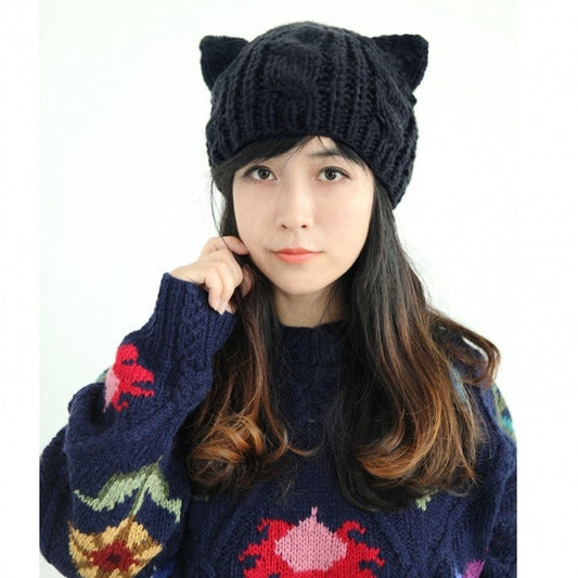 Women Horns Cat Ear Crochet Braided Knit Ski Beanie Wool Hat Cap