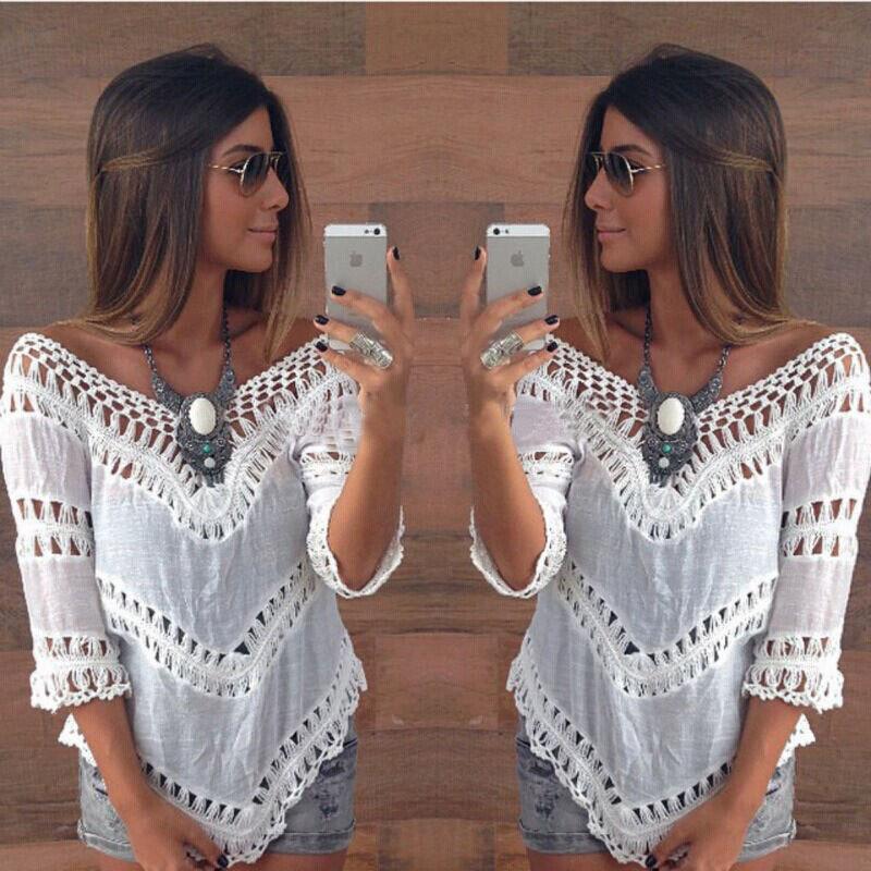 V-neck 3/4 Sleeves Hollow Bohemian Lace Chiffon Blouse - Meet Yours Fashion - 2