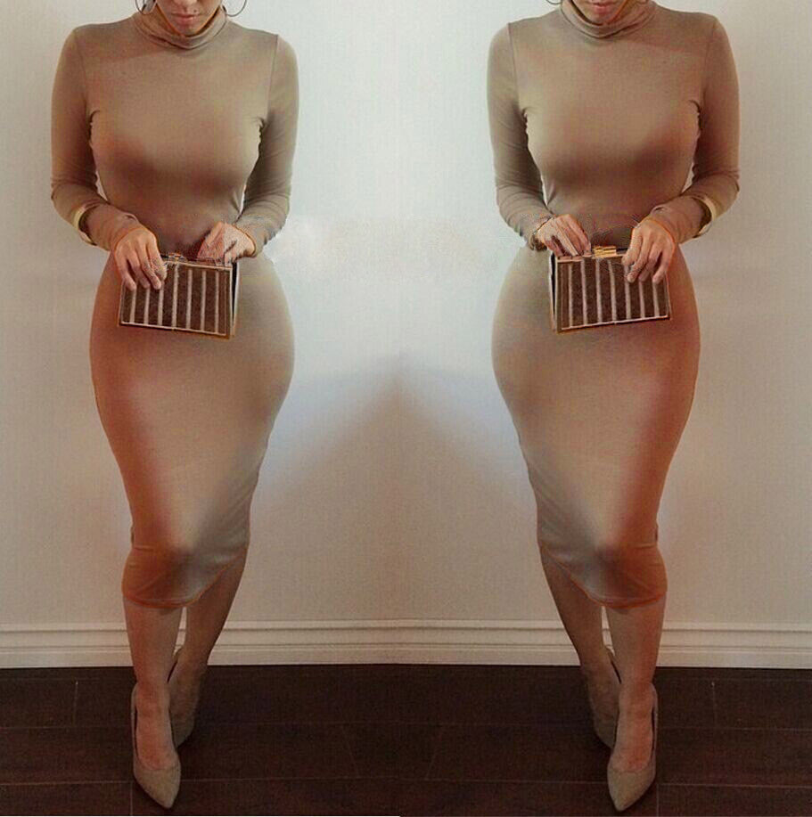 High Neck Long Sleeves Bodycon Pure Color Party ClubDress - MeetYoursFashion - 11