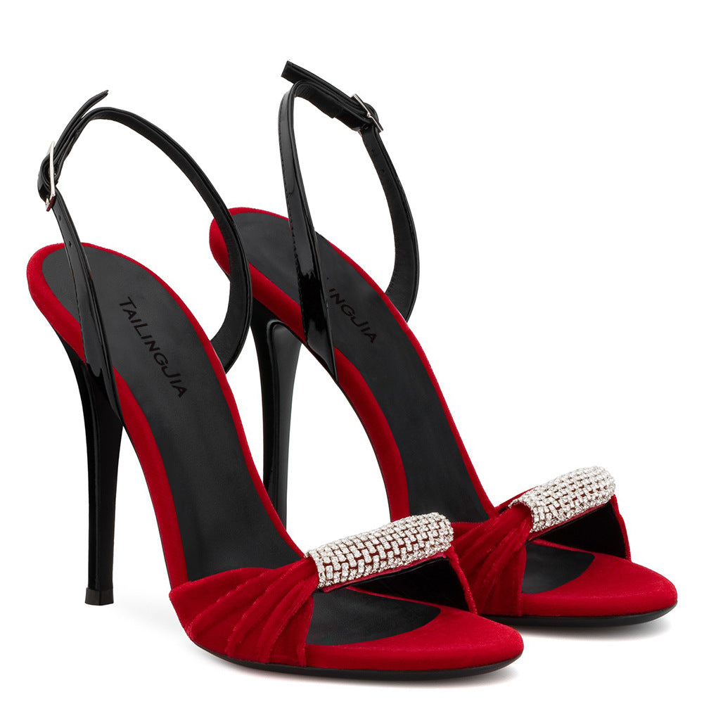 Black Red Velvet Diamond Super High Heel Sandals Dinner Shoes