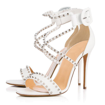 White Riveted Stiletto Sandals Wedding Shoes