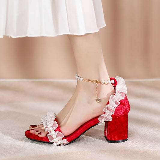Lace Lolita Pearl Beaded Ruffle Suede Thick Heel Women's Shoes